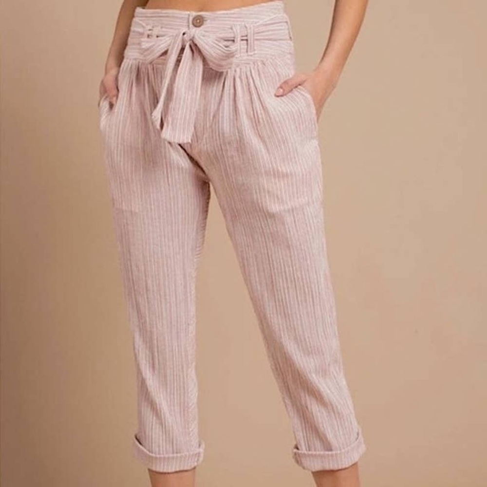 Free People Runors Textured Tie Waist Red and White Striped Trousers Size 0